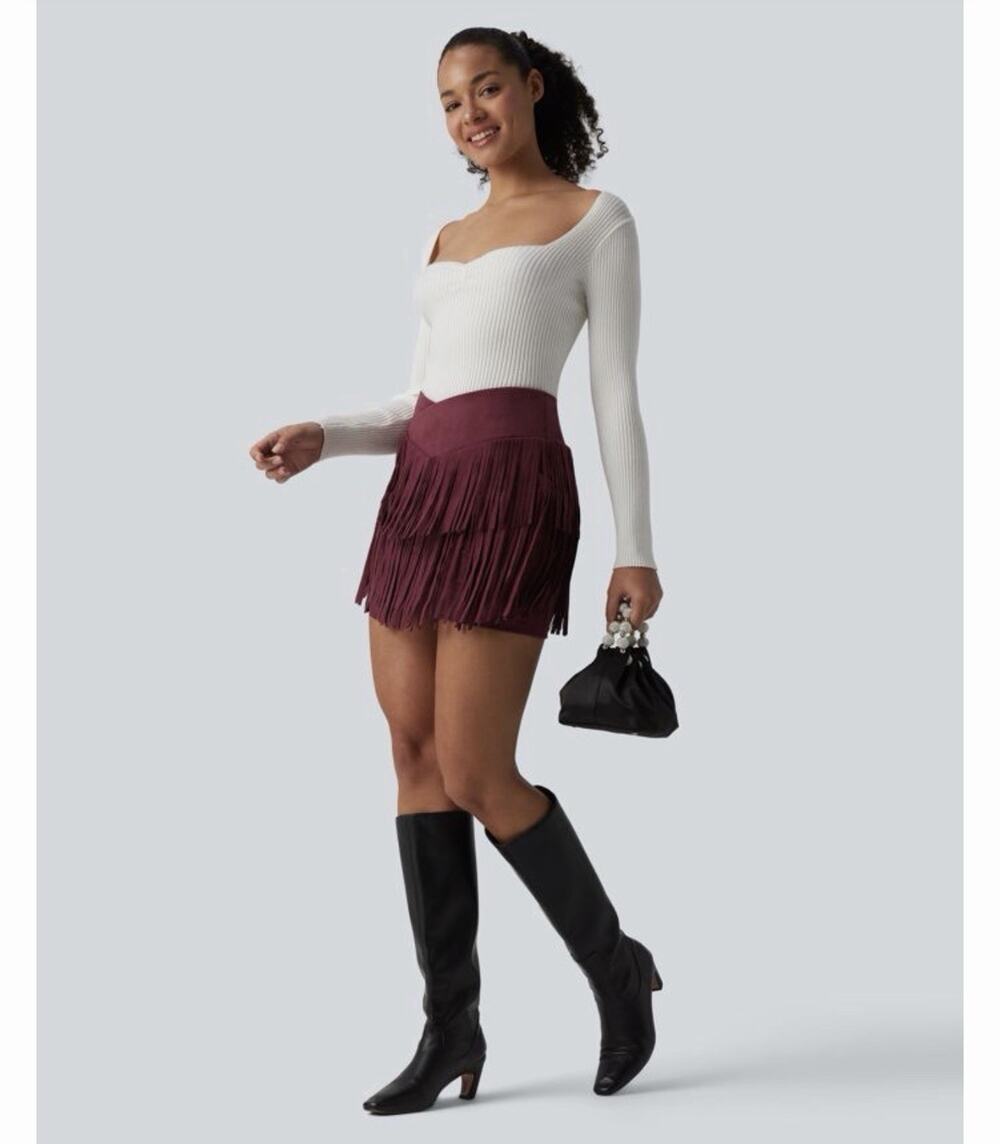 Halara Women’s Burgundy Fringe Layered High Rise Mini Skirt, Size S